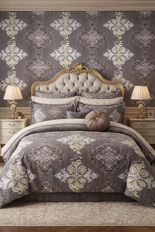 Luxury Taupe & Gold Damask Printed Bedding Set