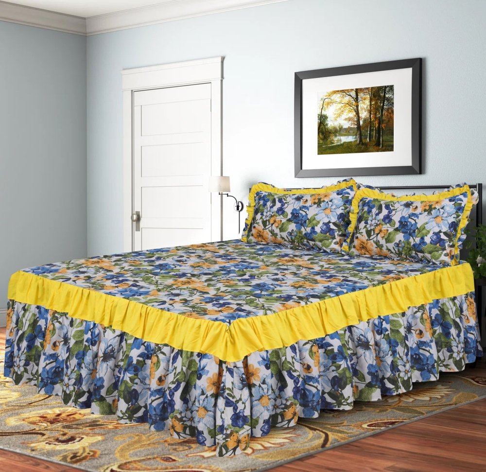 3 PCs Printed Bed skirt with Pillow cover - 1207
