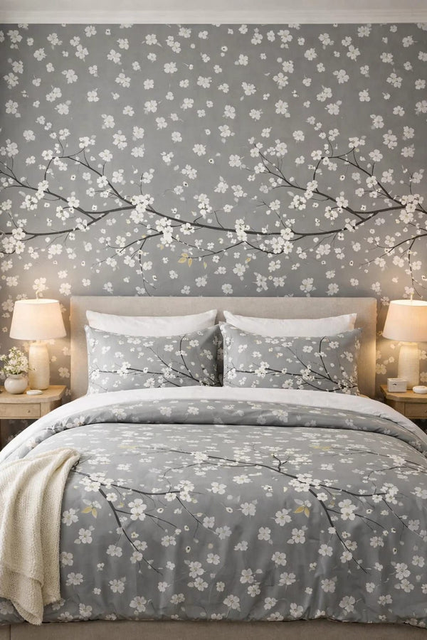Grey Cherry Blossom Printed Bedding Set