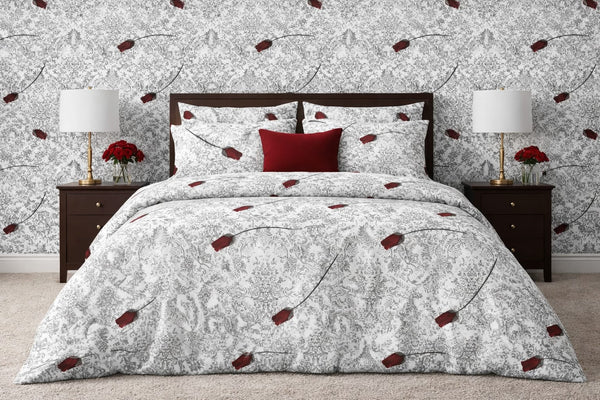 Elegant Red Rose & Grey Printed Bedding Set